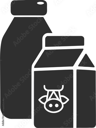 Isolated icon of a milk box and bottle with a cow symbol on the packaging, pictogram sign beverages, nutrition, drinks. 
