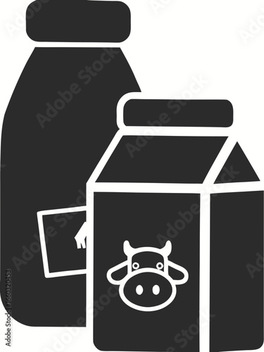 Isolated icon of a milk box and bottle with a cow symbol on the packaging, pictogram sign beverages, nutrition, drinks. 
