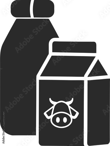 Isolated icon of a milk box and bottle with a cow symbol on the packaging, pictogram sign beverages, nutrition, drinks. 
