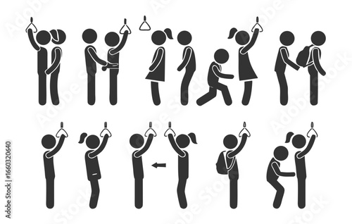 Bundle set of isolated pictogram icons showing sexual harassment, pickpocketing, and crime in public transport, used as safety signs for bus and train.