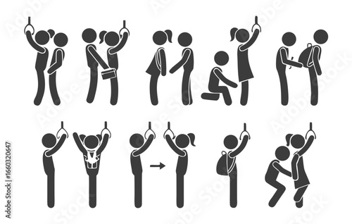 Bundle set of isolated pictogram icons showing sexual harassment, pickpocketing, and crime in public transport, used as safety signs for bus and train.