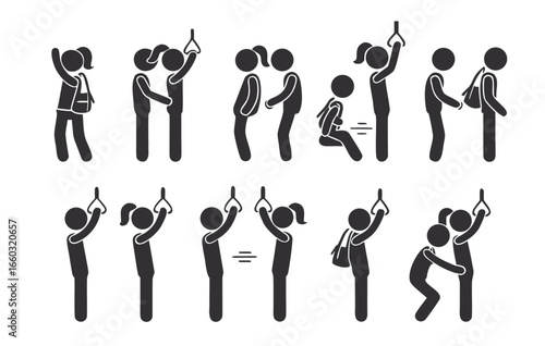 Bundle set of isolated pictogram icons showing sexual harassment, pickpocketing, and crime in public transport, used as safety signs for bus and train.
