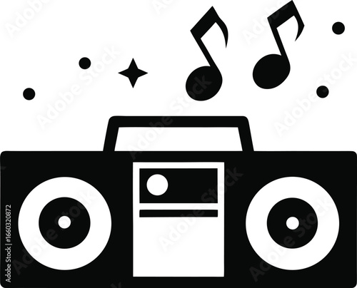 Retro boombox silhouette with musical notes and stars isolated on white background