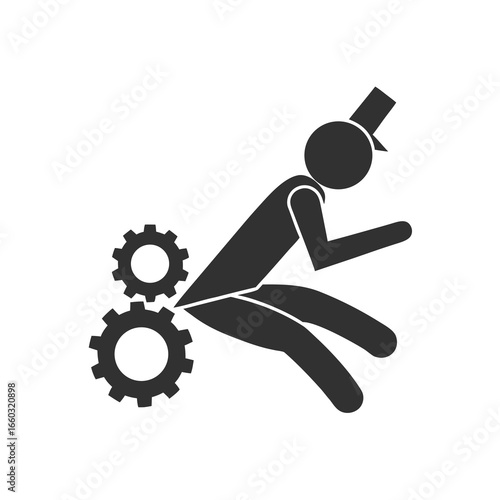 Isolated pictogram man with clothing caught in rotating machine gear, cogwheel safety caution sign 
