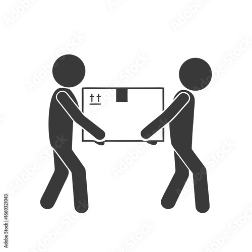 Isolated pictogram icon showing two people lifting a cardboard box together, symbolizing heavy package warning, fragile content, and careful handling. 
