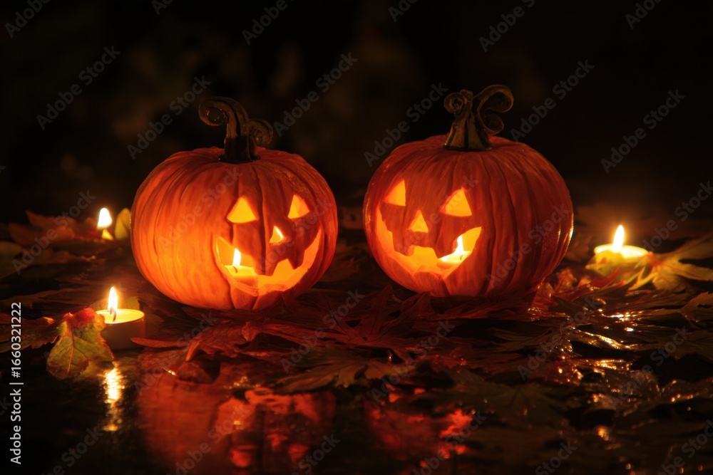Fototapeta premium Candle lit Halloween Pumpkins. MZ 