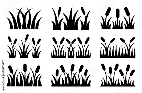 Collection of Black and White Cattail and Grass Icons