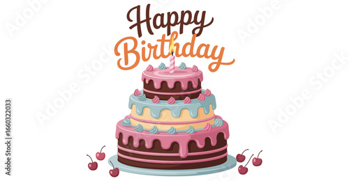  Three-tiered birthday cake with pink, blue, and yellow icing, cherries, and “Happy Birthday” text in decorative font on white background