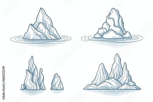 Iceberg Collection Illustration of Arctic Landscape Frozen Water Floating Ice Isolated on White Background Vector Graphic for Climate Change Awareness