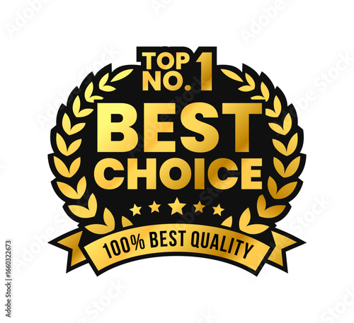 Best choice product golden badge with laurel and ribbon. Premium luxury product. Extrude effect. For icon, logo, label, seal, tag, sign, symbol, stamp, sticker, emblem, banner, badges, labels. Vector