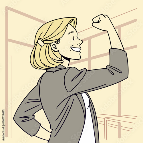 Confident blonde woman smiling and flexing her bicep