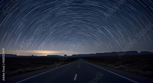 Photo of star trails arching over a long, empty road at night, capturing the vastness of the universe