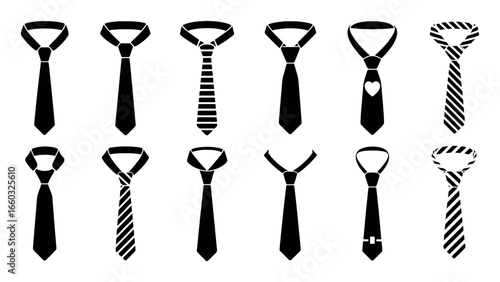Collection of Black and White Tie Icons with Various Patterns and Knots