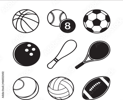 Collection of various sports balls, including football, basketball, tennis, volleyball, and soccer, for team games and activities