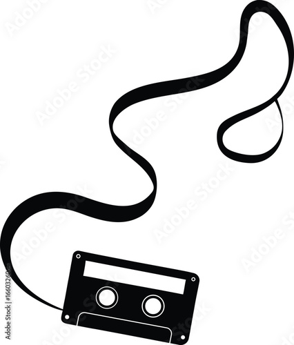 Vintage cassette tape with extended magnetic tape silhouette isolated on white background