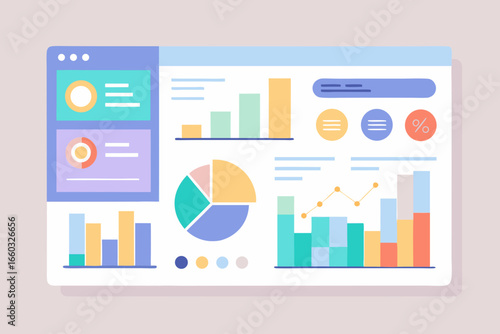 Business dashboard showcasing data visualization, charts, and graphs for financial analysis, marketing insights, and performance tracking, ideal for reporting and presentations