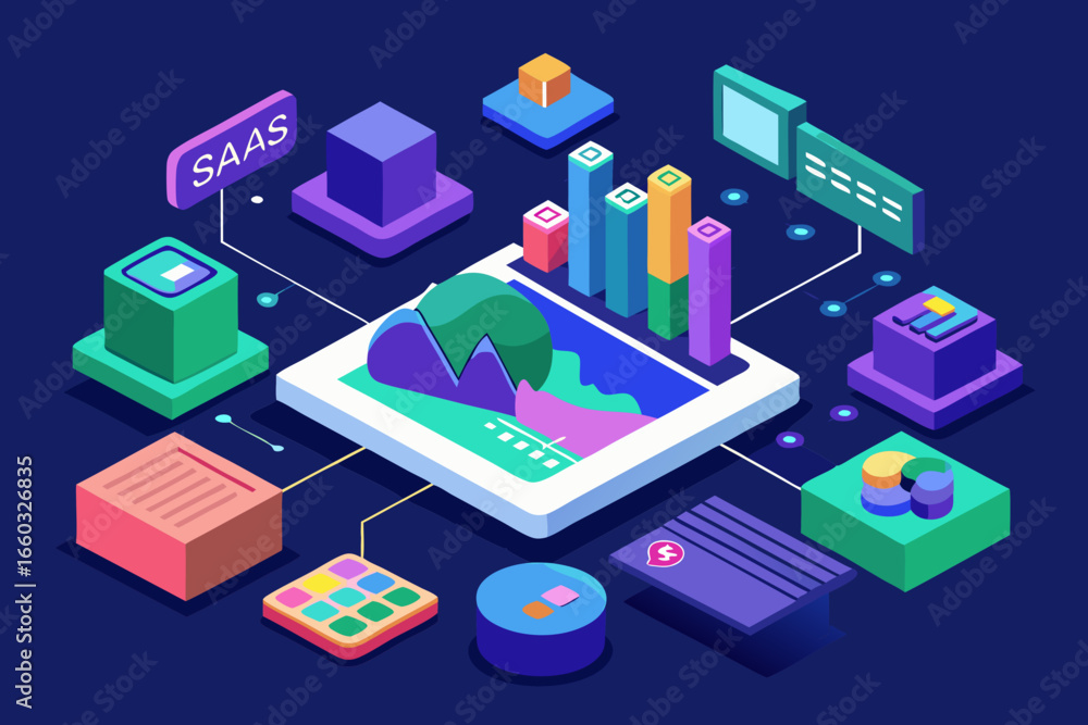 Isometric SaaS platform illustration showcasing data analysis, business intelligence, financial growth, and innovative technology solutions for digital transformation and market insights Isometric SaaS platform illustration showcasing data analysis, business intelligence, financial growth, and innovative technology solutions for digital transformation and market insights