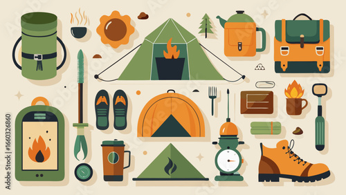 Camping gear collection outdoor adventure items tent