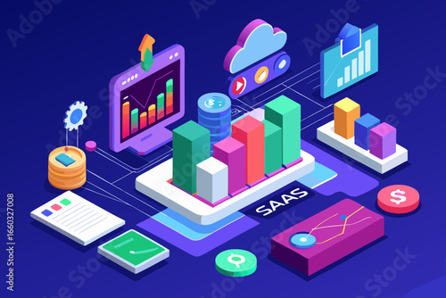 Dynamic SAAS data analytics visualization with modern charts and cloud computing elements, ideal for business reports and marketing campaigns