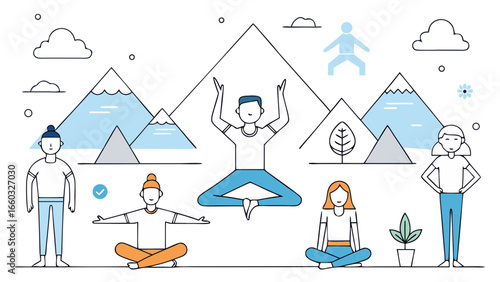 Diverse people practicing yoga outdoors meditation