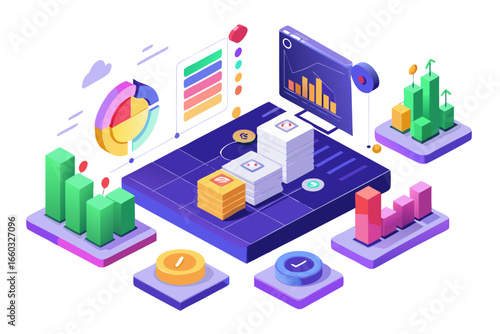 Dynamic business data visualization showcasing financial growth with charts, graphs, and icons illustrating success, perfect for presentations and reports