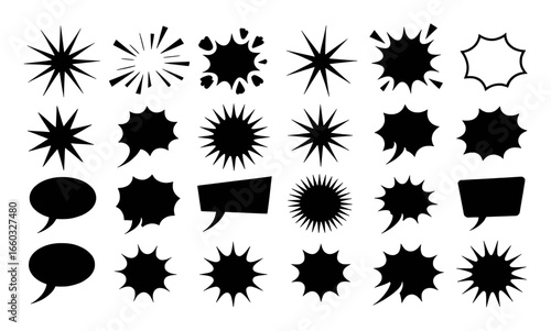 Collection of Black Comic Book Speech Bubbles and Starbursts