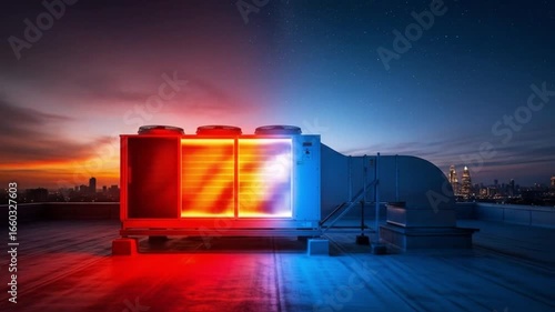 Air conditioning system on a rooftop at night, showcasing the contrast between heating and cooling with red and blue lights, city skyline in background