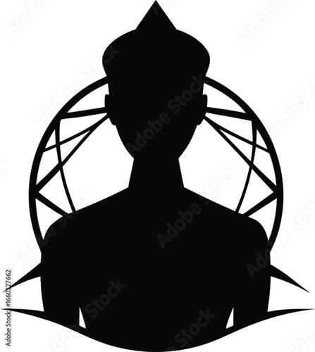 Stylized silhouette of a person with a crown and geometric background isolated on white background