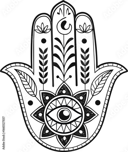 Hamsa Palm with Tribal Designs Black Outline Vector Illustration Spiritual Amulet Protective Symbol, Tribal Hamsa Hand Vector, Black Outline Hamsa Palm, Ornamental Hamsa Tribal Design