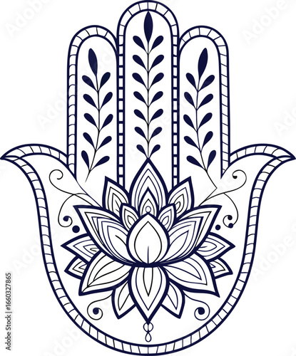 Intricate Hamsa Hand with Lotus Elements Line Art Vector Illustration Spiritual Amulet Protective Symbol, Hamsa Hand with Lotus Vector, Ornamental Hamsa Line Art, Decorative Hamsa Hand Lotus Design