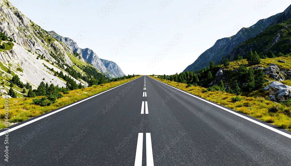 Naklejka premium A paved road stretches through a scenic mountain valley, disappearing into the horizon under a bright sky.