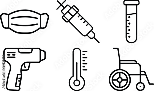 Vector art of collection of medical icons including a mask, syringe, test tube, thermometer, infrared thermometer, and wheelchair