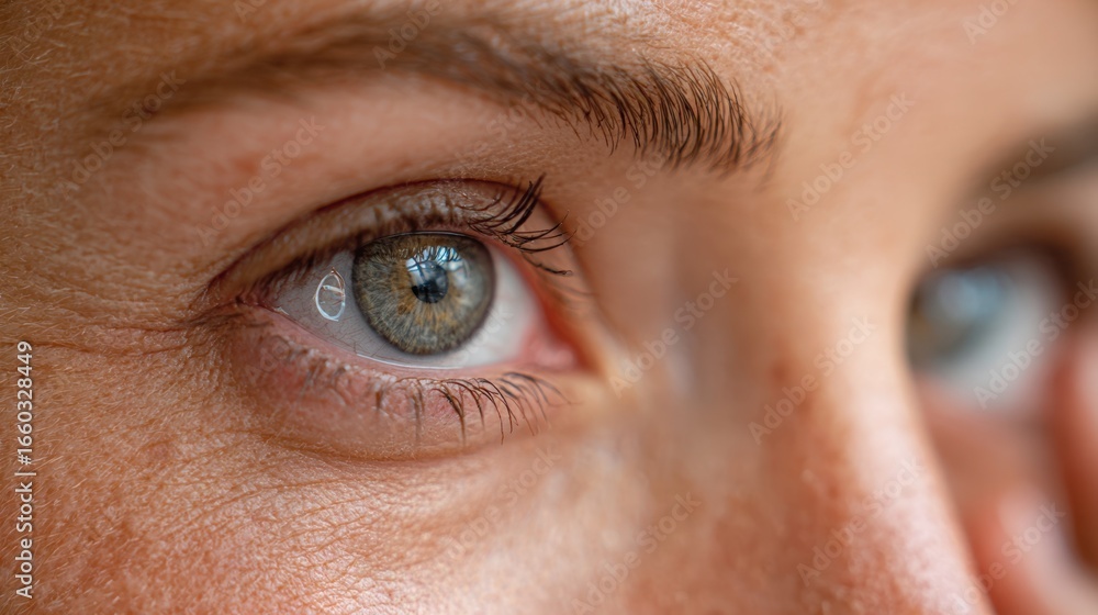 Obraz premium Closeup on eyelid lifting to reveal a smart contact lens displaying realtime glucose levels while the face remains out of focus in natural lighting.