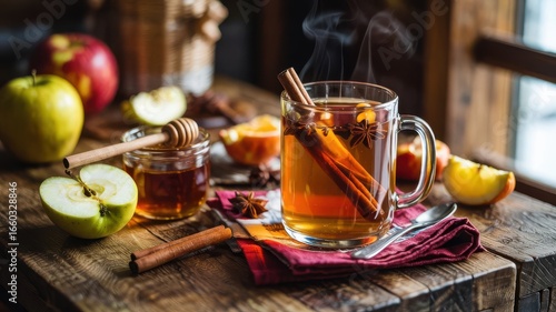 Fototapeta Naklejka Na Ścianę i Meble -  Cider mug with steaming hot spiced beverage on rustic wooden table surrounded by fresh apples, honey jar with dipper, cinnamon sticks and star anise, warm natural lighting creating cozy autumn atmosp
