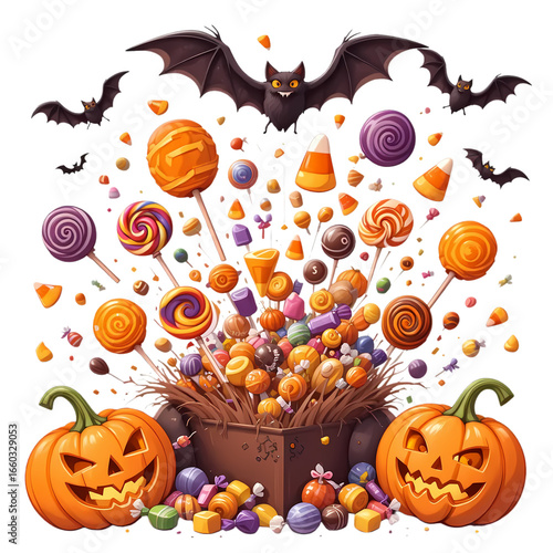 A playful Halloween scene bursts with colorful candies, cheerful pumpkins, and flying bats, capturing the sweet and festive spirit of autumn holiday celebration.
