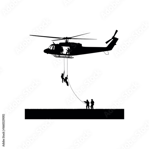 Black silhouette of helicopter with soldiers rappelling onto a dark ground military special forces