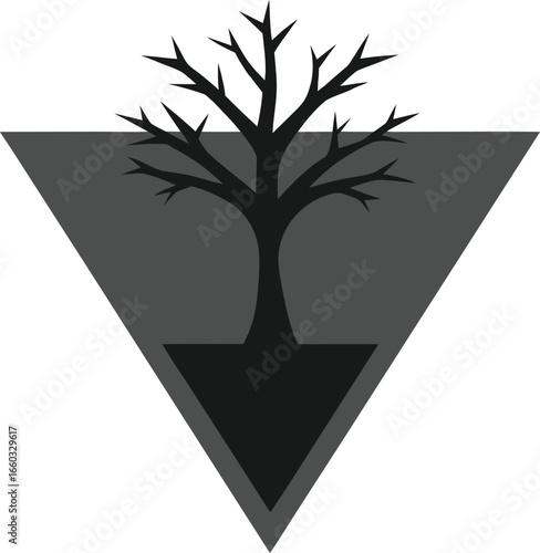 Stylized bare tree silhouette within a dark triangle symbol isolated on white background