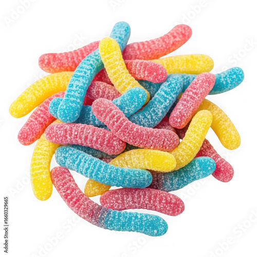 A pile of colorful gummy worms covered in sugar, isolated on a transparent background, representing a sweet and sour candy treat