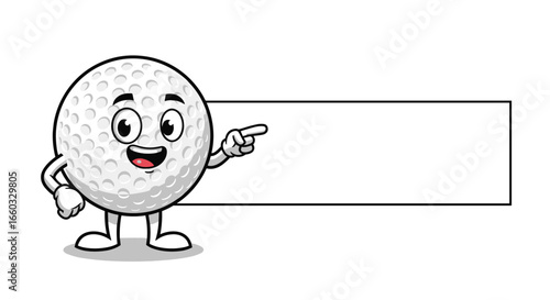 Happy cartoon golf ball character pointing towards a blank sign for your text