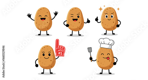 Set of happy potato characters with different expressions and actions