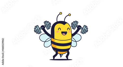 Adorable cartoon bee character lifting dumbbells exercise strength fitness fun