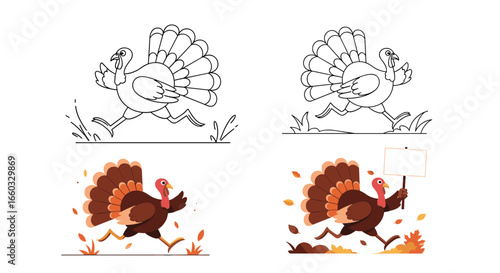 Funny cartoon turkey running with feathers flying and holding sign thanksgiving celebration fun