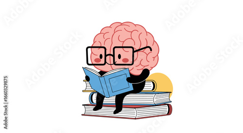 Intelligent character with glasses reading book while sitting on stack of books illustration