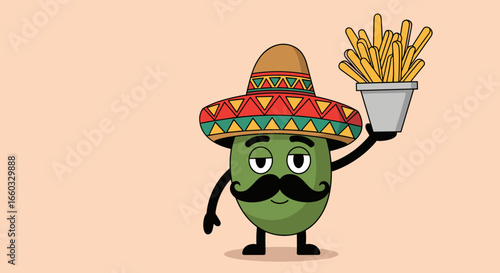 A festive avocado character sporting a sombrero and a moustache holding a bucket of french fries