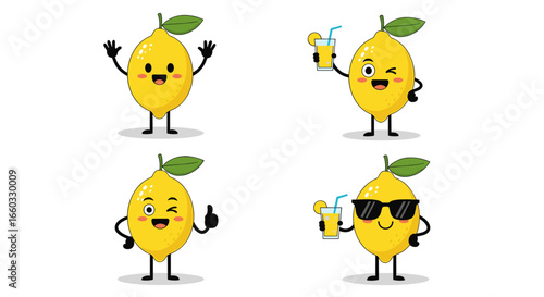 Charming lemon characters enjoying refreshing drinks with happy expressions