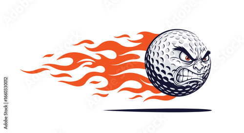 Fiery aggressive golf ball with intense angry eyes and flames