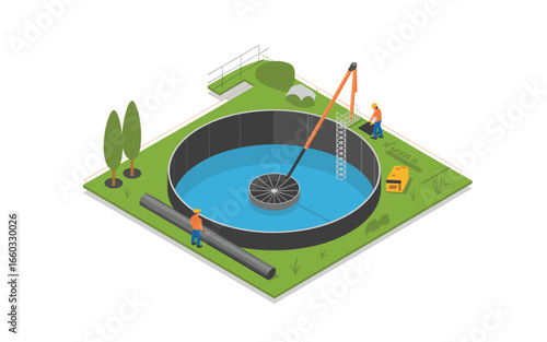 Isometric Illustration of Wastewater Treatment Plant with Workers, Detailing Tank Construction, Equipment, and Environmental Aspects in Cartoon Style for Industrial Visualization