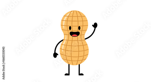 Happy cartoon peanut waving hello with a friendly smile and open arms