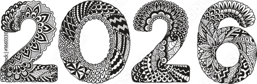 Creative 2026 typography illustration in Zentangle and mandala style. Each number is filled with intricate black and white doodle patterns.Vector illustration