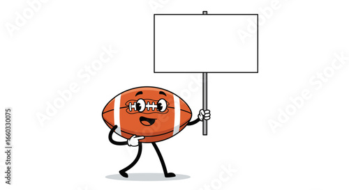 An illustrated cartoon football character holding a blank white sign for text